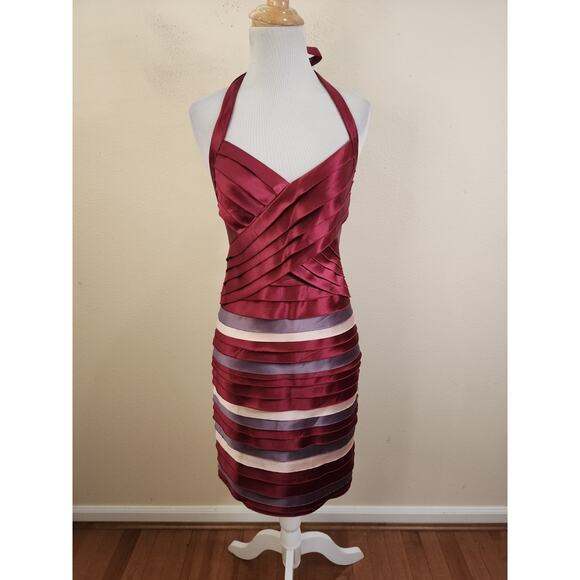 BCBG MAXAZRIA SATIN RUFFLE LAYERED HALTER DRESS SIZE 4 BURGUNDY GRAY BODYCON - Picture 2 of 13